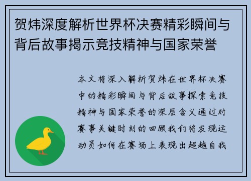 贺炜深度解析世界杯决赛精彩瞬间与背后故事揭示竞技精神与国家荣誉